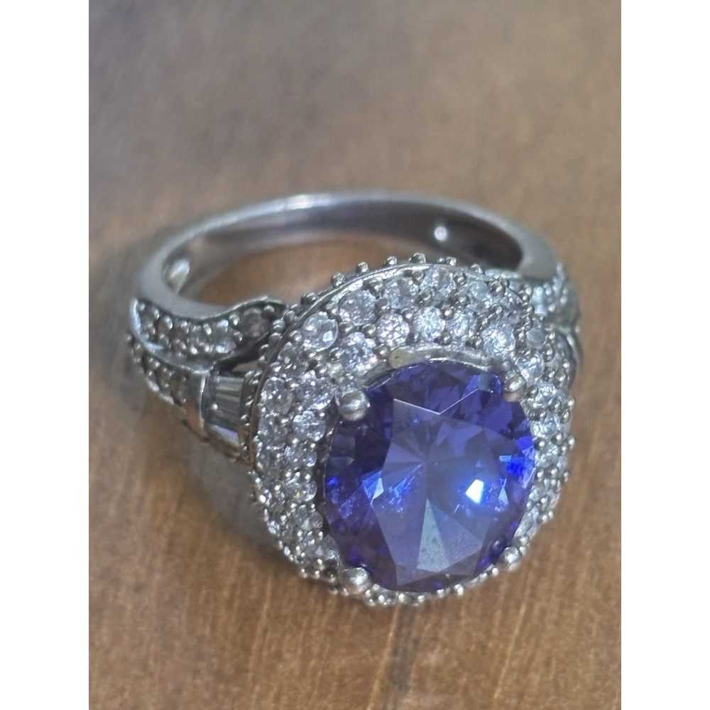 Sterling Silver Simulated Tanzanite And Diamond Ring Size 8